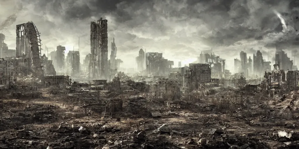 Image similar to nuclear fallout, city ruins wasteland, dark future, dark sci - fi,