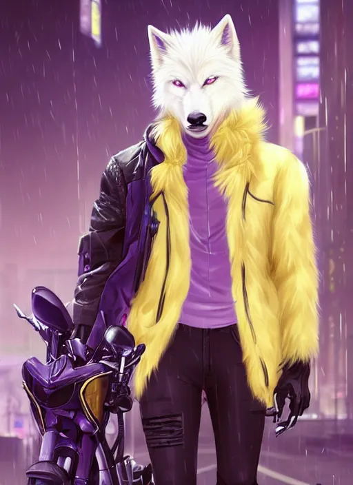 Image similar to award winning beautiful portrait commission of a male furry anthro albino wolf fursona with a tail and a cute beautiful attractive detailed furry face wearing stylish black, purple and yellow cyberpunk biker clothes in a cyberpunk city at night while it rains. Character design by charlie bowater, ross tran, artgerm, and makoto shinkai, detailed, inked, western comic book art