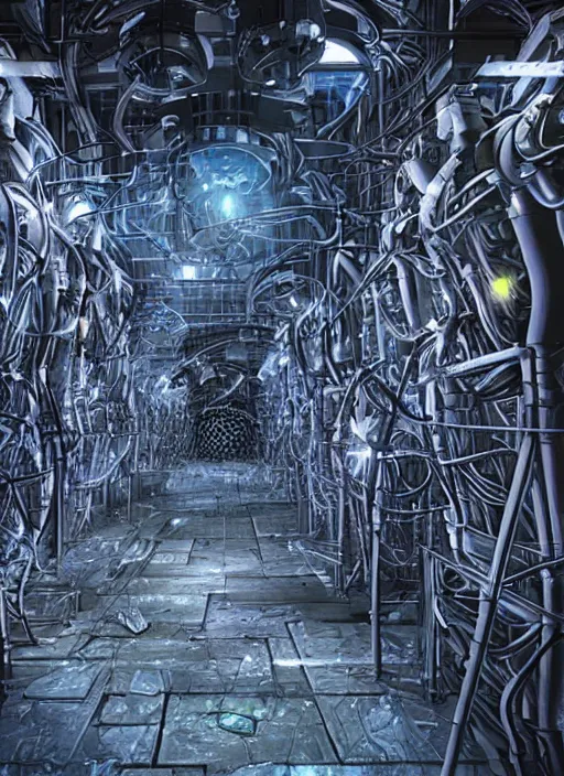 Prompt: photo of a cybernetic dungeon