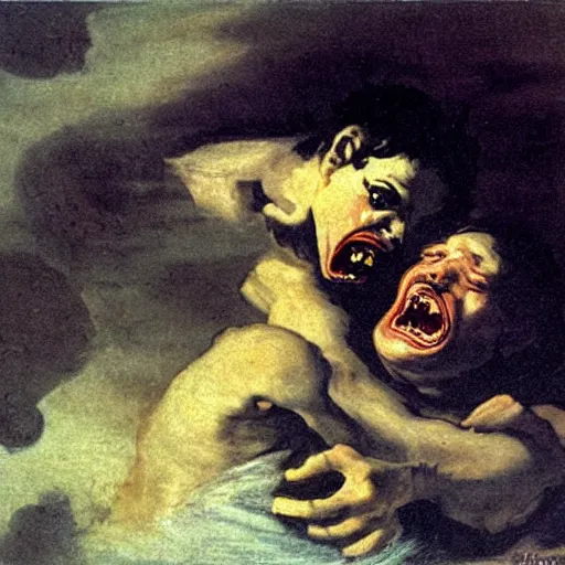 Image similar to saturn devouring his son, painting by francisco goya, oil painting