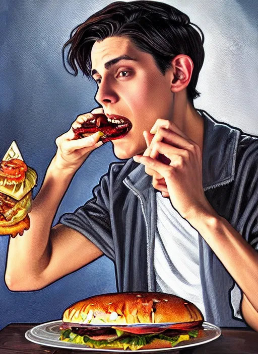 Image similar to oil painting, jughead jones wears a grey crown, and devours a hamburger, intricate, elegant, highly detailed, lighting, painting, artstation, smooth, illustration, art by greg rutowski and alphonse mucha