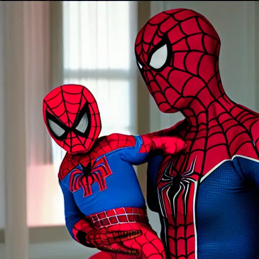 Image similar to spiderman holding baby wearing spiderman costumes, an film still