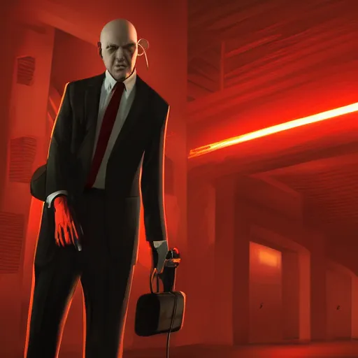 Prompt: agent 4 7 from hitman wearing headphones and listening to music alone in a monestary, dark background, red rim light, highly detailed, smooth, sharp focus, art by ali kiani amin