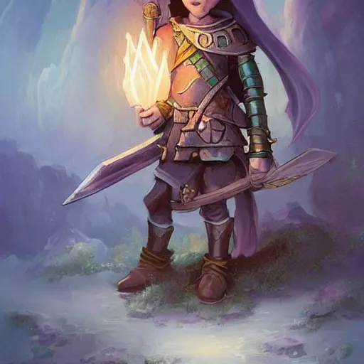 Prompt: cute little knight, wielding a magic sword, tiny, small, short, wizard robes, adorable, pretty, beautiful, dnd character art portrait, matte fantasy painting, deviantart artstation, by jason felix by steve argyle by tyler jacobson by peter mohrbacher, cinema,