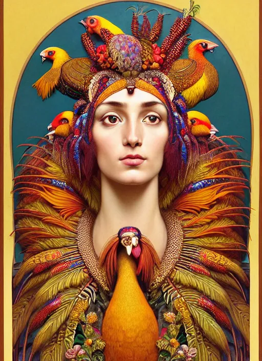 Prompt: hyperrealistic detailed face portrait of the beautiful goddess of the golden pheasants with an intricate headgear of golden pheasant, red berries, leaves, field flowers, pears, apples, art by ernst haeckel, john william godward, android jones, alphonso mucha, h. r. giger, gothic - cyberpunk, ornamental, beautiful deep colours,