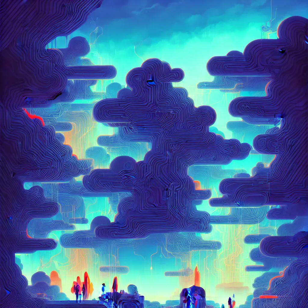 Prompt: illustration of a data-center architecture, connector, firewall, cloud, security, river, trees, thunderstorm, trending on Artstation, painting by Jules Julien, Leslie David and Lisa Frank and Peter Mohrbacher and Alena Aenami and Dave LaChapelle muted colors with minimalism