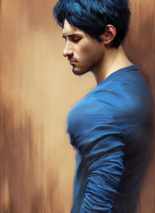 Image similar to handsome young man with short black hair, male, dressed in blue, looking down, half body shot, arms down, path traced, highly detailed, high quality, digital painting, bastien lecouffe - deharme, mucha