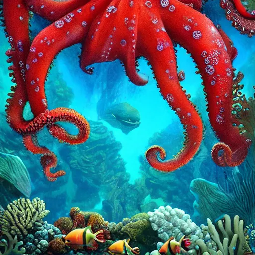 Prompt: underwater landscape with several corals, plants and red octopi with big eyes, realism