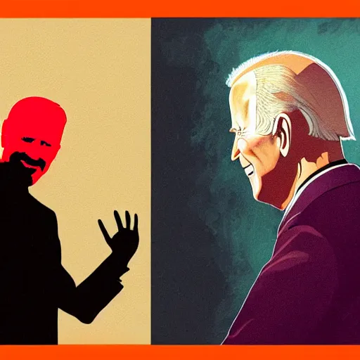 Image similar to joe biden waves to a redditor named joxeta while holding an axe by greg rutkowski and dave mckean in an orange and purple color palette