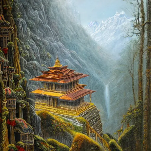 Image similar to a beautiful and highly detailed oil painting of an nepali temple in the snowy mountains, detailed trees and cliffs, forgotten valley, swirling mist, lush forests, intricate details, epic scale, insanely complex, 8 k, sharp focus, hyper realism, fantasy landscape, psychedelic, by caspar friedrich,