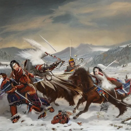 Image similar to majestic native americans fighting cyborg white men in a snowy field, landscape, hyper realistic,