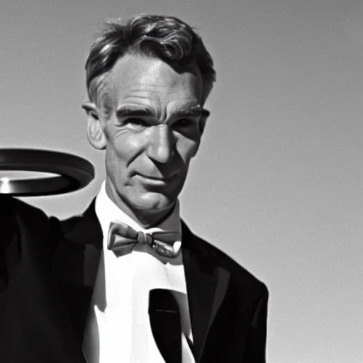 Prompt: bill nye as james bond, goldfinger 1 9 6 4 iconic film still, perfect composition