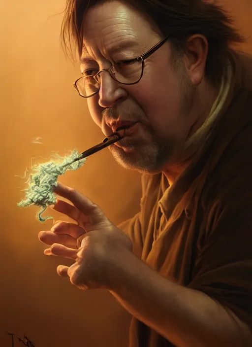 Image similar to bill hicks smoking, by jesper ejsing, justin gerard, tomasz alen kopera, cgsociety and fenghua zhong, highly detailed, rim light, cinematic lighting, illustration, art, octane render, very coherent, cinematic, hyper realism, high detail, octane render, 8 k