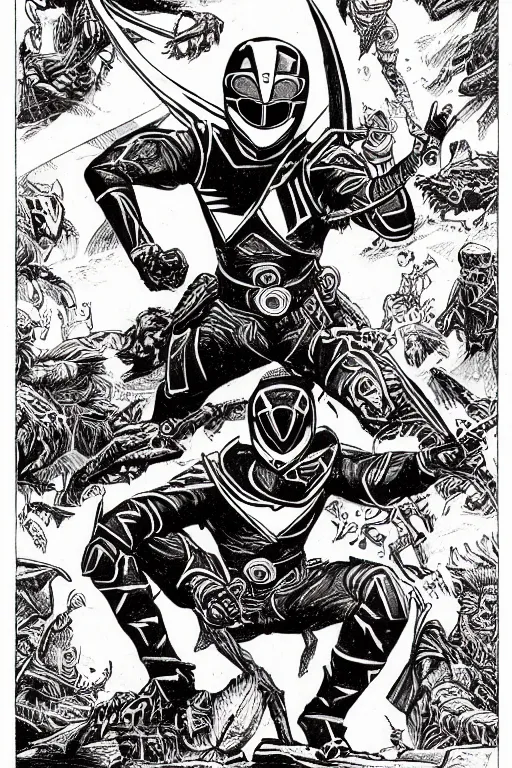 Prompt: a power ranger as a d & d monster, pen - and - ink illustration, etching, by russ nicholson, david a trampier, larry elmore, 1 9 8 1, hq scan, intricate details, high contrast