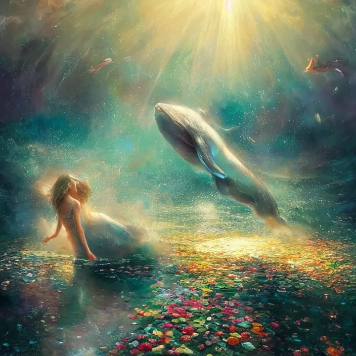 Image similar to glimmering whale, flowing dress, flowers, cosmos, milky way galaxy, swirling, dancing, golden hour, god rays, coral reef, dreamscape by artgerm and ruan jia and ismail inceoglu and greg olsen, masterpiece, beautiful, intricate, elegant, highly detailed