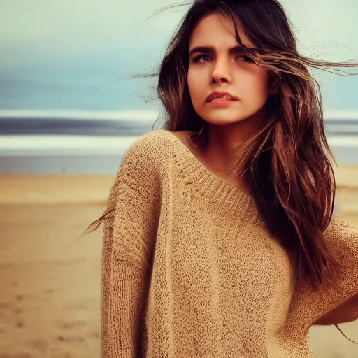 Image similar to real life photo of a beautiful girl, full body photoshoot, long brown hair, brown eyes, full round face, short smile, belly free, brown sweater, beach setting, cinematic lightning, medium shot, mid - shot, highly detailed, trending on artstation, unreal engine 4 k, 8 0 mm, 8 5 mm, cinematic wallpaper