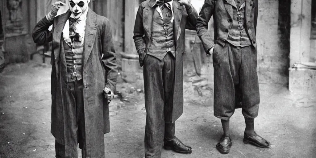 Image similar to joker wearing clothes in the style of directoire style, photograph, grinning, creepy,