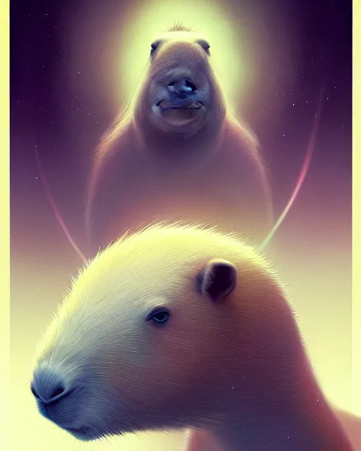 Prompt: a white capybara under, beautiful, agile, myth, legend, trending on artstation, light effects, kilian eng, john harris, bastien lecouffe - deharme
