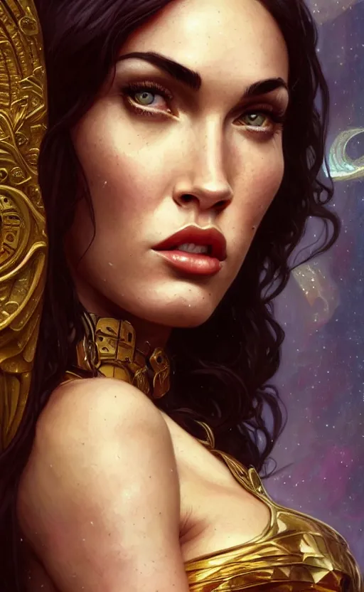 Image similar to portrait of megan fox as the goddess circe, greek mythology, intricate, headshot, highly detailed, digital painting, artstation, concept art, sharp focus, cinematic lighting, illustration, art by artgerm and greg rutkowski, alphonse mucha, cgsociety