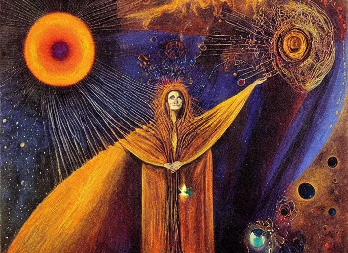 Image similar to a shaman woman holding up the cosmic!!! universe!, by remedios varo, reflection, symbolist!!, psychedelic colors, dramatic!! lighting, smooth, sharp focus, extremely detailed, aesthetically pleasing composition