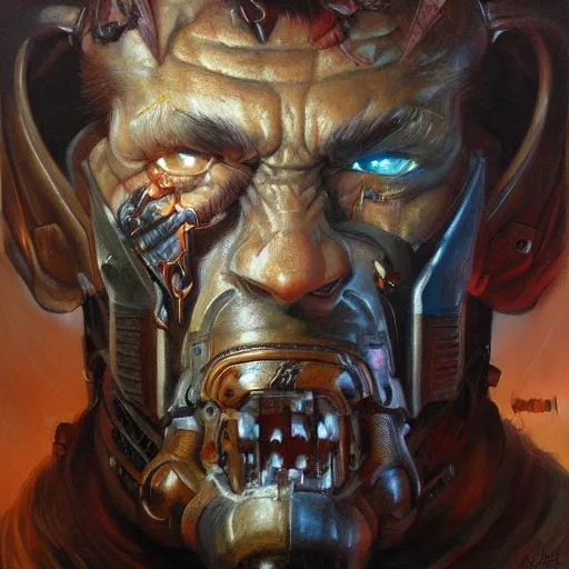 Prompt: detailed portrait of doom slayer intricate, hyper detailed, realistic, oil painting, by julie bell, frank frazetta, cinematic lighting