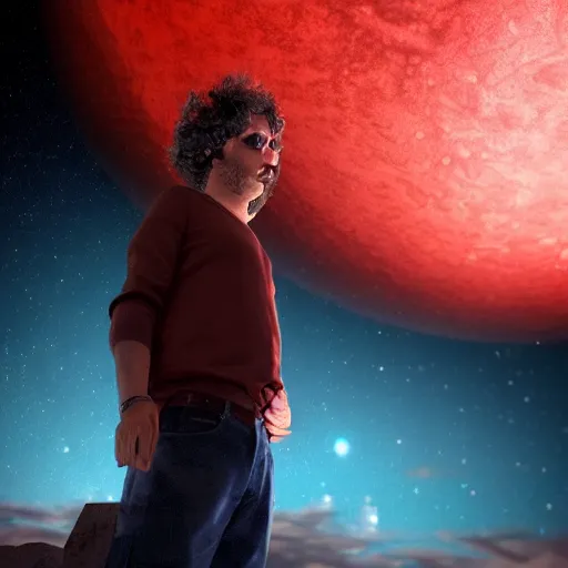 Prompt: gustavo cerati looking at the red moon in the universe, universe, stars, digital art, render unreal engine, octane render, highly detailed face, asymmetrical