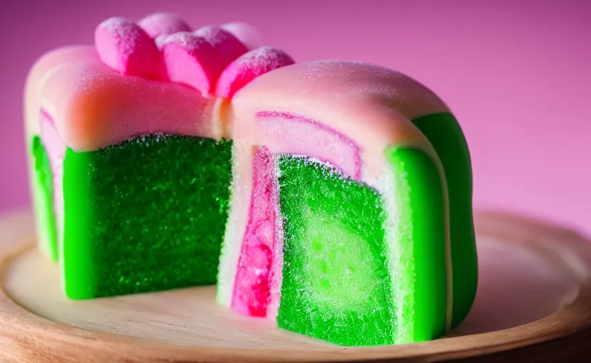 Image similar to A photo of a swedish princess cake from the side on a wooden table, covered with pink marzipan, some powder sugar and a green marzipan leaf in the center. Sunset. 4K. Cinematic lighting. High detail. Realistic. Delicious.