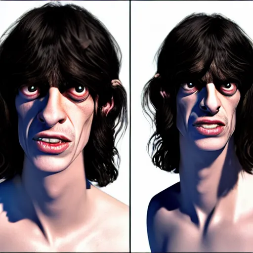 Image similar to The Lovechild of Joey Ramone and Young Mick Jagger, real life, hyperrealistic, ultra realistic, realistic, highly detailed, epic, HD quality, 8k resolution, body and headshot, front facing, front view, headshot and bodyshot, detailed face, very detailed face