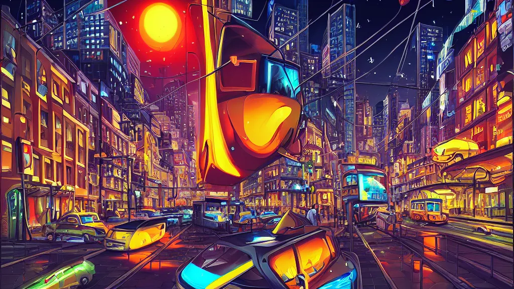 Prompt: street view of the city at night by cyril rolando and naomi okubo and dan mumford and zaha hadid. flying cars. advertisements. neon. tram.