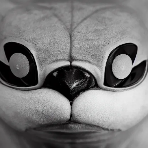 Image similar to symmetrical, close up face portrait of a Pokémon, scowling, studio lighting, depth of field, photography, black and white, highly detailed