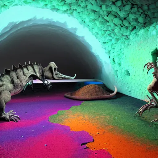 Image similar to photorealistic dinosaur skeleton inside a geode of colored crystals, volumetric lighting