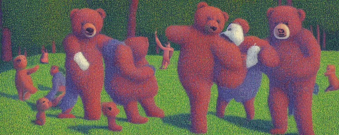 Image similar to teddy bear shakespeare in the park, from the terrifying and incomprehensible beyond, body horror, by david hockney, seurat