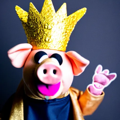 Image similar to studio photograph of a pig wearing a gold crown depicted as a muppet holding sign