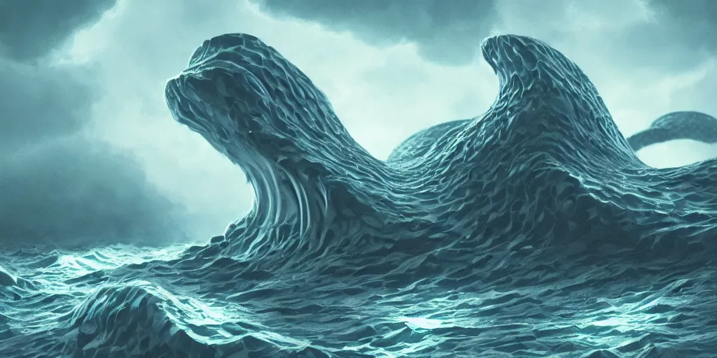 Image similar to of a stormy ocean with strange cute friendly happy creatures with huge eyes, mouth, long tongue, round teeth and goofy face, appearing from the background, in the style of gehry and gaudi, macro lens, shallow depth of field, ultra detailed, digital painting, trending artstation, concept art, illustration, cinematic lighting, photorealism, epic, octane render