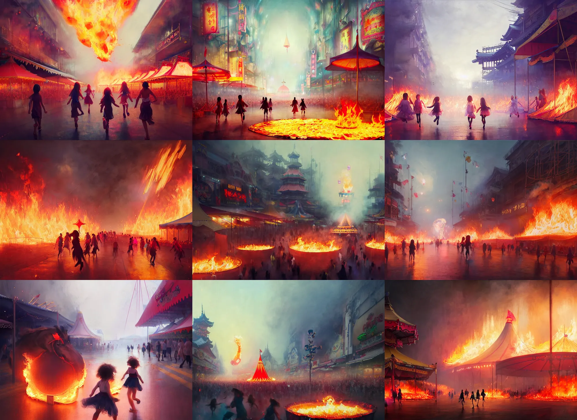 Image similar to young girls running through small carnival amusement on fire, inferno flames, motion blur, food stalls, big top circus tent, roaming entertainers, bloom, heavy fog, highly detailed, magical, japan mountains, digital painting, concept art, matte, art by ruan jia and wlop and greg rutkowski and makoto shinkai, masterpiece