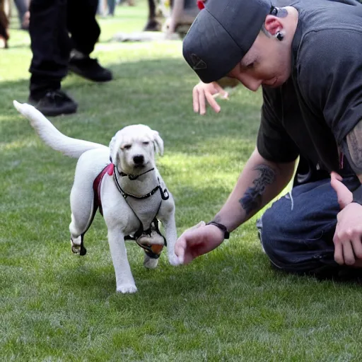 Image similar to Eminem and a dog plays with Lego at Central park