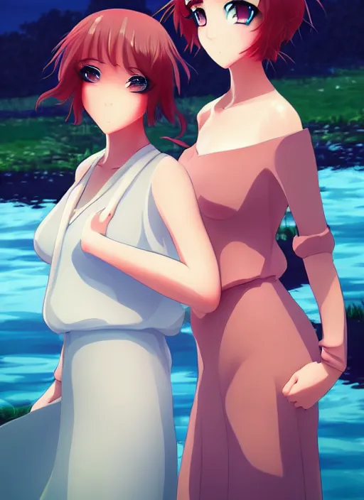 Prompt: two beautiful mothers out by the lake on a humid summer day, gorgeous faces, thick lines, cinematic lighting, detailed anime art