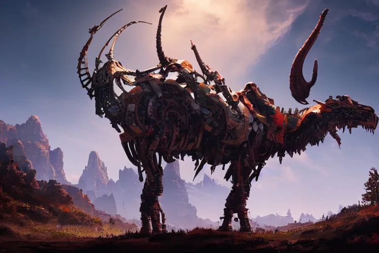 Image similar to grimhorn fanghorn machine mecanical creature robot of horizon forbidden west horizon zero dawn bioluminiscence global illumination ray tracing hdr fanart arstation by ian pesty and alena aenami artworks in 4 k