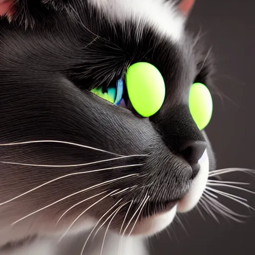 Image similar to cute black cat with white whiskers and green eyes, bowtie, high detail, rendered in octane, pixar style, studio photography