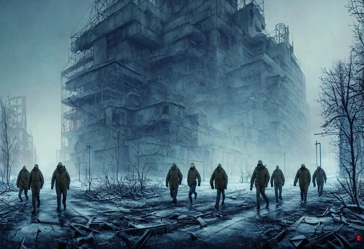 Image similar to chernobyl liquidators walking in postapocalyptic winter cityscape, 4 k, high quality, sharp focus, ultra high definition, ultra detailed, symmetry, fog, matte painting, by greg rutkowski and ross tran and wlop