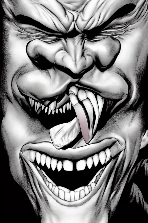 Prompt: digital portrait of a sinister laughing man by brian bolland, rachel birkett, alex ross, and neal adams | centered, deviantart, artgerm