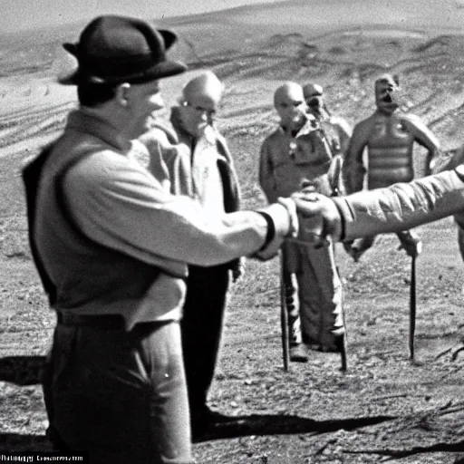 Prompt: historic footage of the first alien encounter in roswell, handshake between president and aliens, hyperrealistic, detailed, grainy