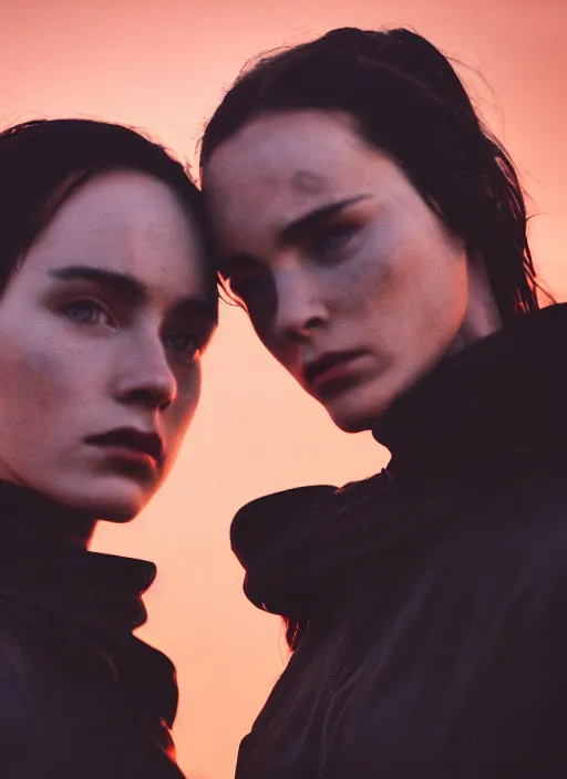 Image similar to cinestill 5 0 d photographic portrait of two loving female androids wearing rugged black techwear on a desolate plain with a red sky, showing some skin, extreme closeup, modern cyberpunk, dust storm, 8 k, hd, high resolution, 3 5 mm, f / 3 2, ultra realistic faces, ex machina, blade runner