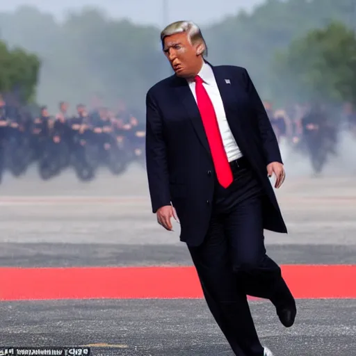 Image similar to donald trump running from policemen that are chasing him behind him, helicopters and explosions in the background