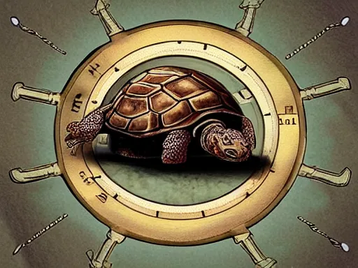 Image similar to a steampunk time traveling tortoise teleporting into the future