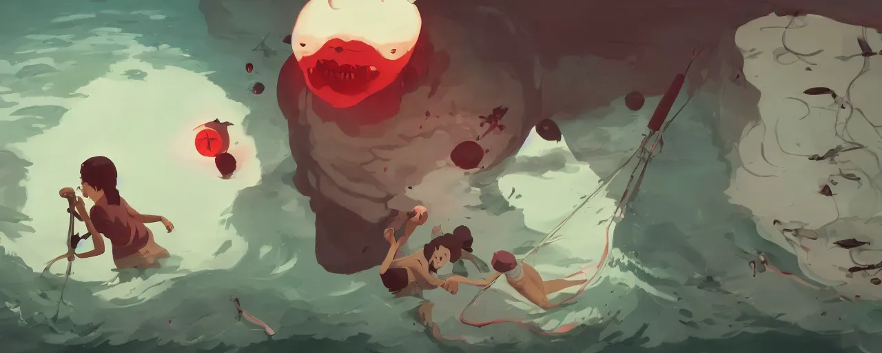 Image similar to piranhas attacking, blood in the water, atey ghailan, goro fujita, studio ghibli, rim light, terrifying, dark lighting, clear focus, very coherent