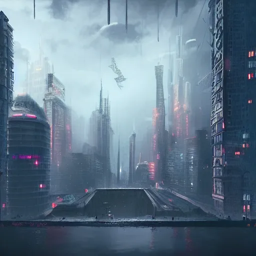 Prompt: A beautiful matte painting of a gloomy cyberpunk city