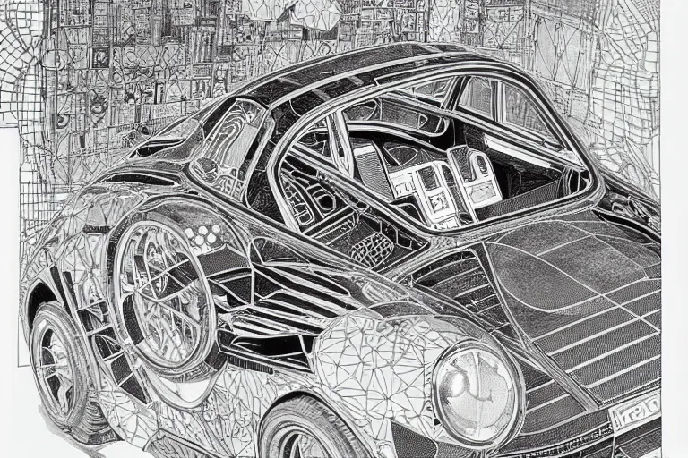 Image similar to a black and white drawing of a porsche 9 5 9 deconstructed schematic, a detailed mixed media collage by hiroki tsukuda and eduardo paolozzi and moebius, intricate linework, sketchbook psychedelic doodle comic drawing, geometric, street art, polycount, deconstructivism, matte drawing, academic art, constructivism