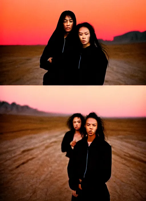 Image similar to cinestill 5 0 d photographic portrait of two loving clones, women wearing rugged black techwear on a desolate plain with a red sky, closeup, diverse species, cyberpunk, in front of a brutalist dark metal facility, dust storm, 3 5 mm, 8 k, depth of field, high resolution, ultra realistic faces