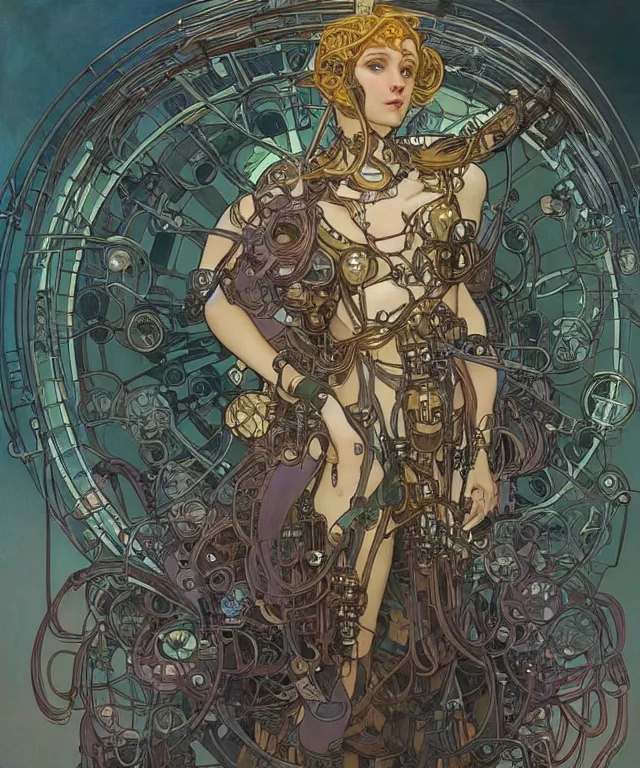 Image similar to realistic detailed portrait of a humanoid mecha cyberpunk! goddess by Alphonse Mucha and Charlie Bowater and art germ, rule of thirds, golden ratio, Art Nouveau! cyberpunk! style, mechanical accents!, mecha plate armor, glowing LEDs, flowing wires with leaves, art nouveau accents, art nouveau patterns and geometry, circuit patterns, rich deep moody colors, portrait style with the subject in the middle of the frame